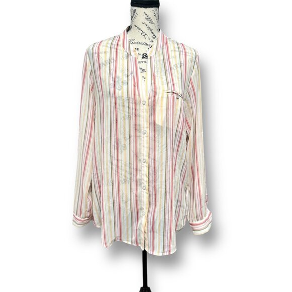 KUT From The Kloth White Striped Chiffon Sheer Roll Tab Sleeve Boho Coastal Sz L - Picture 2 of 9